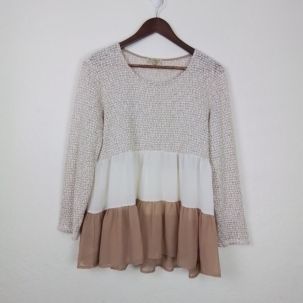 Oh Gussie Womens Blouse M Tan Cream Chiffon Peplum Layered Long Sleeve‎ Knit